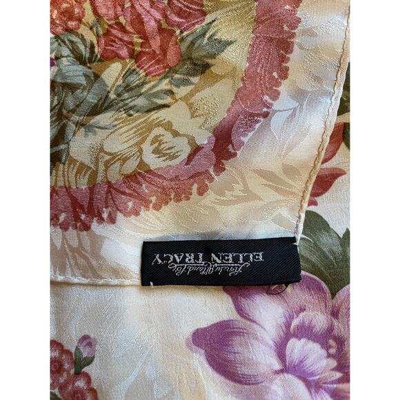Ellen Tracy Silk Grandmacore Cottage Floral Tan Gold & Pink Square Scarf 35x34 - Picture 5 of 7